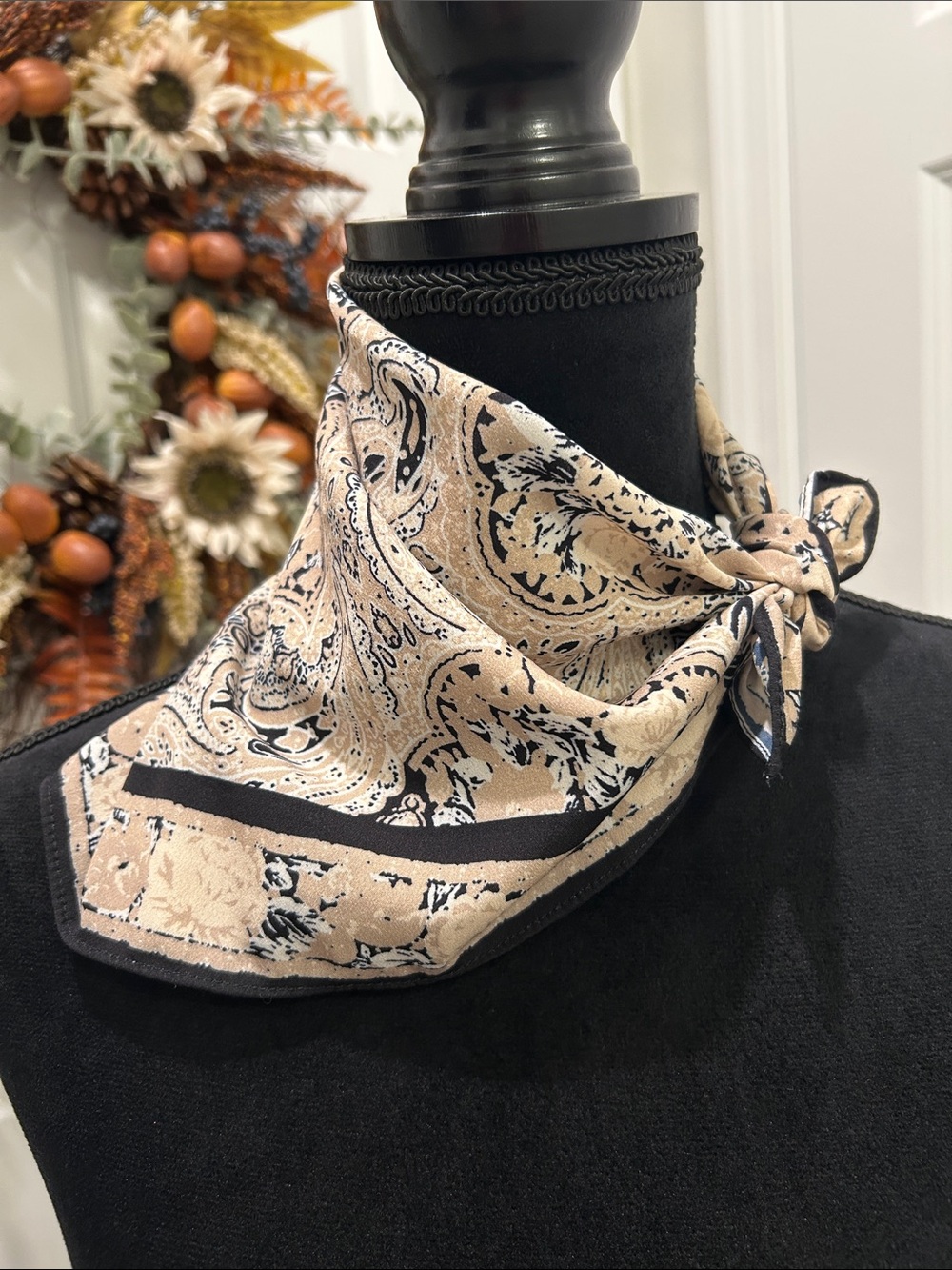 Beige Paisley Neck Scarf with Black Trim - Women Accessories OS - Picture 6 of 8